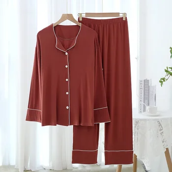 Пижамный комплект для женщин, Модальная домашняя одежда, простой четырехсезонный свободный кардиган, брюки с длинными рукавами, пижама, комплект из 2 предметов, однотонная пижама Изображение 2