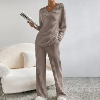 Пижамный комплект из рубчатого трикотажа, уютный вязаный свитер, брюки, комплект с карманами с V-образным вырезом, осенне-зимняя домашняя одежда, широкие брюки, пижамный комплект