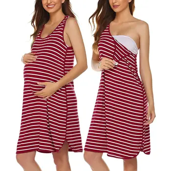 Платья для беременных без рукавов для душа ребенка Летние полосатые повседневные платья для беременных женщин, кормящих грудью, одежда для кормящих мам Изображение 2
