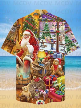 Привлекающие внимание рождественские Забавные Санта-Клаус и плюшевый мишка, Приближается Рождество, Гавайская рубашка с коротким рукавом и кубинским воротником с художественным принтом.