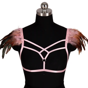 Ремни безопасности для нижнего белья Цветные эполеты из перьев Бюстгальтер Бондаж Плечо Крыло Фестиваль Burning Man Танцевальная одежда для рейва Стимпанк Готическое тело