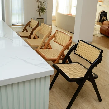 Ретро, скандинавский минимализм, современный бытовой японский складной ротанговый стул со спинкой из массива дерева Изображение 2