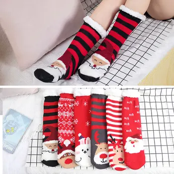 Рождественские носки для пола средней длины, утепленные и флисовые Осенне-зимние Новые нескользящие носки для сна