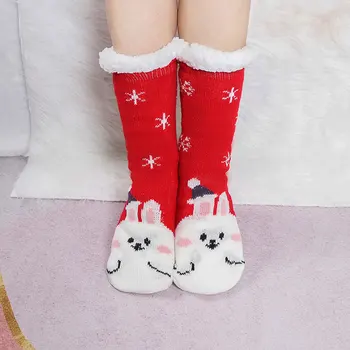 Рождественские носки для пола средней длины, утепленные и флисовые Осенне-зимние Новые нескользящие носки для сна Изображение 2