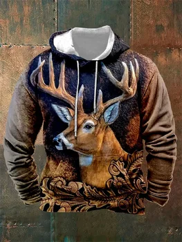 Рождественские толстовки для мужчин, винтажные толстовки с 3D рисунком животных Лося, свитер с длинным рукавом, Повседневные пуловеры, мужская одежда Изображение 2