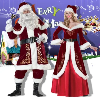 Рождественский костюм Санта-Клауса Пара Косплей Рождественский костюм Санта-Клауса Красный Роскошный Бархатный маскарадный костюм для Рождественской вечеринки для взрослых