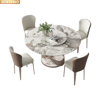 Роскошный дизайнерский обеденный стол с круглым столом из мраморной плиты и 4 стула mesa de jantar eettafel marbre с золотой основой из нержавеющей стали