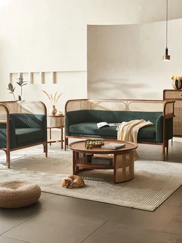 Ротанговый диван из массива дерева в стиле средневековья, журнальный столик на три места, гостиная небольшой квартиры, двухместный диван для отдыха Изображение 2
