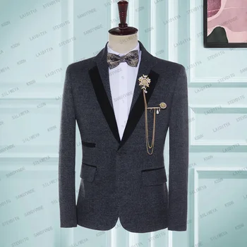 Свадебный комплект мужского костюма 2023, Черный Однобортный пиджак с зубчатым лацканом для жениха, Цельный офисный пиджак, Приталенное роскошное пальто