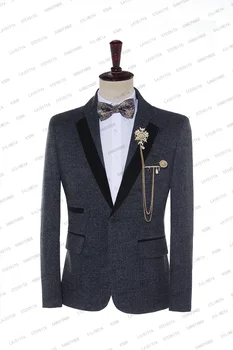 Свадебный комплект мужского костюма 2023, Черный Однобортный пиджак с зубчатым лацканом для жениха, Цельный офисный пиджак, Приталенное роскошное пальто Изображение 2