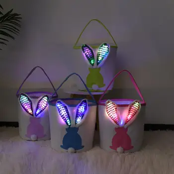 Светящиеся Кроличьи ушки Украшение сумки Easter Bunny 2024 Новая Корзина для пасхальных яиц, Пасхальное ведерко, подарочный пакет для конфет