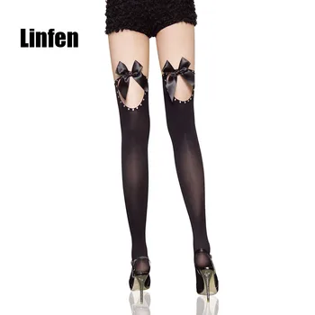 сексуальные женские летние чулки выше колена, черные чулочно-носочные изделия, нейлоновые чулки с атласным бантом сзади. Изображение 2