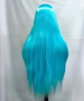 Синий длинный прямой синтетический парик 13Х4 без клея, парик без кружева спереди, термостойкое тело без клея, длинный прямой Изображение 2