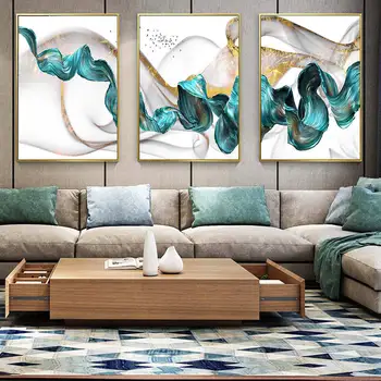 Современная абстрактная роскошная Золотисто-зеленая картина на холсте, домашний декор, настенное искусство, плакат и принт, минималистское искусство для гостиной