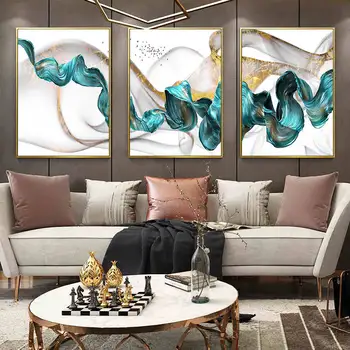 Современная абстрактная роскошная Золотисто-зеленая картина на холсте, домашний декор, настенное искусство, плакат и принт, минималистское искусство для гостиной Изображение 2