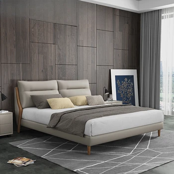 Современная главная спальня из натуральной кожи с двуспальной кроватью из массива дерева длиной 1,8 метра, мебель в итальянском стиле Изображение 2