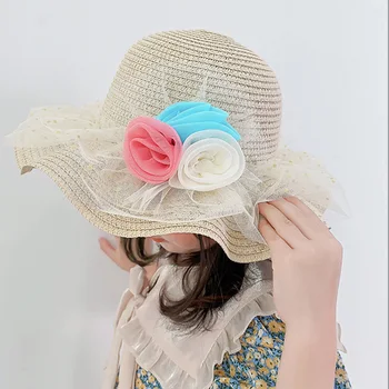 Соломенная шляпа Princess Kids для девочек с большими полями, летние милые пляжные солнцезащитные кепки с кружевным цветком, для путешествий на открытом воздухе, солнцезащитная шляпа-панама для бассейна