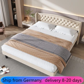 Стильная кровать с мягкой обивкой и бархатистым изголовьем, 160*200 см, декорированная пуговицами и прочными деревянными панелями, бежевого цвета