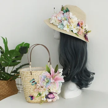 Сумки из цветочной соломы для женщин 2021, роскошные тканые сумки, сумка-ведро с бабочкой, модные сумки-тотализаторы для дам, пляжные сумки со шляпой от солнца
