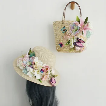 Сумки из цветочной соломы для женщин 2021, роскошные тканые сумки, сумка-ведро с бабочкой, модные сумки-тотализаторы для дам, пляжные сумки со шляпой от солнца Изображение 2