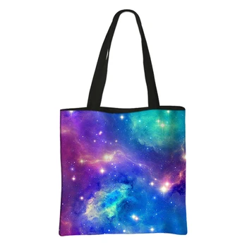 Сумки-тоут с психоделическим принтом Космической туманности, разноцветная женская сумка Galaxy, повседневные сумки, пляжные сумки через плечо, Многоразовая сумка для покупок Изображение 2