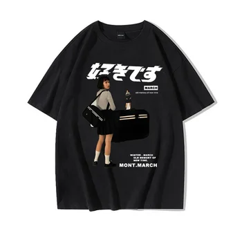Уличная одежда в стиле хип-хоп, футболка Harajuku Для девочек, Японская футболка с принтом Кандзи 2023, Мужская летняя футболка с коротким рукавом, Хлопковые свободные топы, тройники Изображение 2