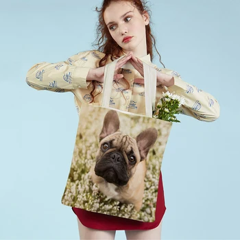 Французский Бульдог с двойным принтом, женская студенческая холщовая сумка-тоут, Многоразовая Милая Повседневная сумка для покупок с домашними животными для женщин