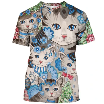 Футболка с изображением 3D веселого кота, мужская футболка в стиле хип-хоп с животным принтом, футболка с коротким рукавом, повседневный пуловер О-образным вырезом, летний топ оверсайз Изображение 2
