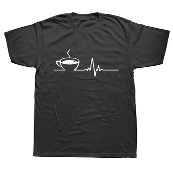 Футболки Funny Coffee Heartbeat, хлопковая уличная одежда с графическим рисунком, футболка Harajuku с коротким рукавом и круглым вырезом, мужская одежда