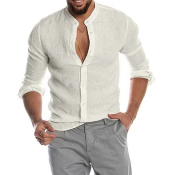 Хлопчатобумажные льняные мужские рубашки с длинными рукавами, летние однотонные рубашки со стоячим воротником, повседневный пляжный стиль, большие размеры Изображение 2