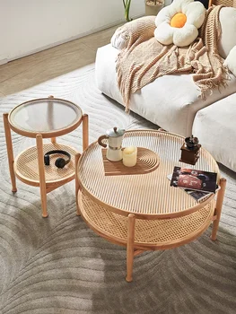 Чайный столик из массива дерева, сплетенный из виноградной лозы, круглая комбинация, скандинавская гостиная, простой стеклянный чайный столик, небольшой бытовой размер, сбоку