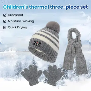 Шапка, шарф, перчатки, комплект для детей, теплые аксессуары для улицы, теплая утолщенная вязаная шапка, шарф, перчатки, комплект для мальчиков и девочек, осень-зима Изображение 2