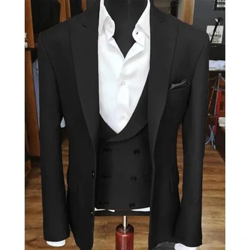 Элегантные черные костюмы для мужчин, приталенный костюм из 3 предметов, куртка, Брюки, жилет, роскошный блейзер, Однобортный свадебный костюм с отворотом, полный комплект
