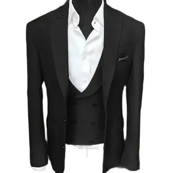 Элегантные черные костюмы для мужчин, приталенный костюм из 3 предметов, куртка, Брюки, жилет, роскошный блейзер, Однобортный свадебный костюм с отворотом, полный комплект Изображение 2