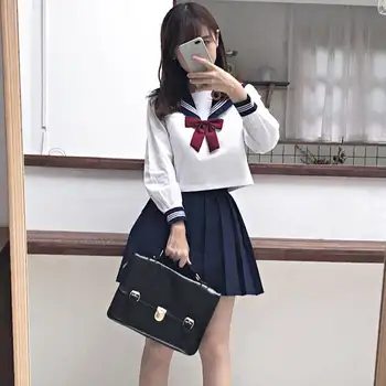 Японский стиль S-2XL, школьная форма для девочек, темно-синий костюм для девочек, женский сексуальный темно-синий костюм JK, матросская блузка, комплект плиссированной юбки.
