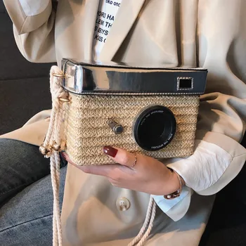 2019 Новая соломенная сумка через плечо, сумка для фотоаппарата, забавная маленькая сумка на цепочке, тканая сумка через плечо, праздничная дизайнерская сумка в стиле бохо Изображение 2