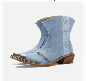 2023 Весенне-осенние новые женские ботинки из окрашенного денима синего цвета в западном стиле, ботинки с квадратным носком на железной цепочке Изображение 2