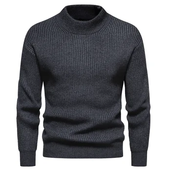 2023 Мужские свитера, однотонный вязаный мужской пуловер с круглым вырезом, зимний модный теплый свитер, мужской вязаный свободный пуловер Harajuku Изображение 2