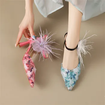 2023 НОВЫЕ летние женские босоножки, праздничные туфли в сказочном стиле, женские туфли на высоком каблуке с острым носком, разноцветная обувь ручной работы Изображение 2