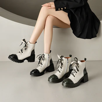 2023 Новые осенне-зимние женские ботинки, короткие ботинки на шнуровке, Женская обувь с круглым носком, Ботинки на платформе на толстом каблуке с застежкой-молнией, Ботильоны Изображение 2