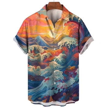 2023 Новые рубашки для мужчин с 3D волнистым принтом, высококачественная мужская одежда, Летняя повседневная Свободная рубашка оверсайз с короткими рукавами, Уличный топ Изображение 2