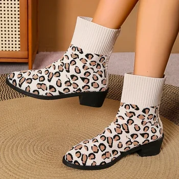 2023, однотонная женская обувь с темпераментом, Новинка зимы, удобные короткие ботинки, женские ботильоны с леопардовым принтом и острым носком