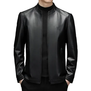 2024- Новый мужской деловой джентльмен в британском стиле, однотонный тренд, повседневная мода, куртка из овчины с воротником-стойкой, кожаная куртка