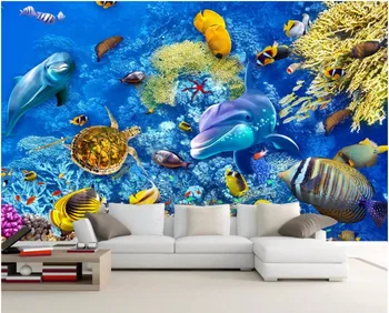3d настенные фрески обои для стен 3D обои морской мир дельфин черепаха коралл декор комнаты Настенная роспись на заказ фото живопись