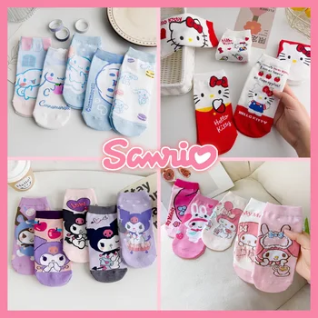 5 Пар женских носков Sanrio Hello Kitty Melody, Милые хлопковые чулки Kuromi с низкой посадкой для девочек, Мягкие дышащие Повседневные чулки в японском стиле
