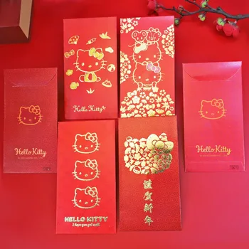 6ШТ Sanrio Hello Kitty Китайские Длинные Красные Конверты Dragon Hongbao Lucky Money Подарочные Конверты Красный Пакет для Новогоднего Благословения Изображение 2