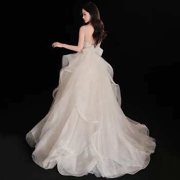 AnXin SH принцесса белый лист цветок кружева французский ретро спагетти ремень иллюзия оборки большой бант бальное платье невесты вечернее платье Изображение 2
