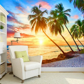 beibehang Пользовательские фотообои для гостиной ТВ фон обои papel de parede 3d приморский пейзаж Закат Coco Beach Изображение 2