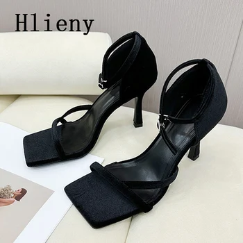 Hlieny, Летние Модные Дизайнерские босоножки с квадратным носком, Черные Женские пикантные клубные туфли на высоком каблуке с ремешком с пряжкой на лодыжке