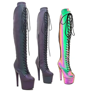 LAIJIANJINXIA/ Новая Модная Голографическая Светоотражающая обувь для танцев на шесте 17 см, Женские сапоги выше колена на платформе и высоком каблуке 098